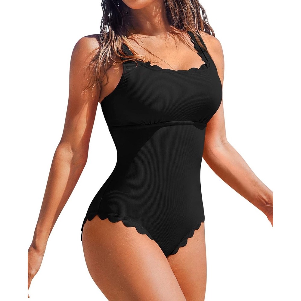 Charmo Womens Scalloped Ribbed One Piece Swimsuit, Small